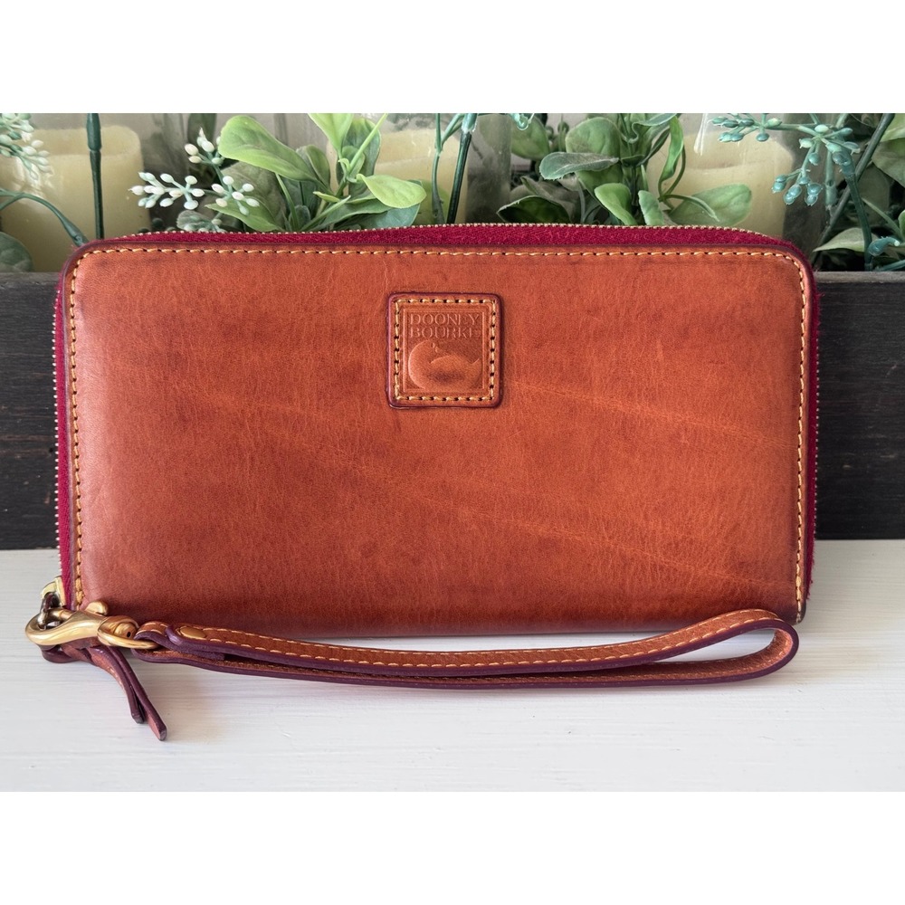 Dooney & Bourke Florentine Folded Zip Wristlet Cognac Leather Wallet